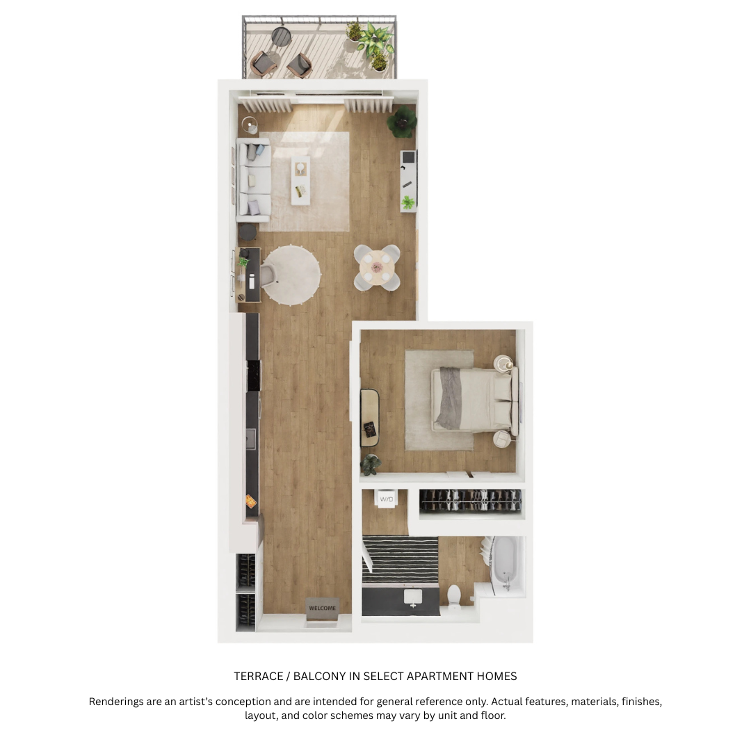 Floor plan for 1 bed, 1 bath, 588 sqft